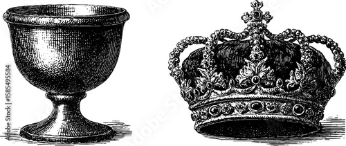 Vintage engraved goblet and crown artwork for historical design