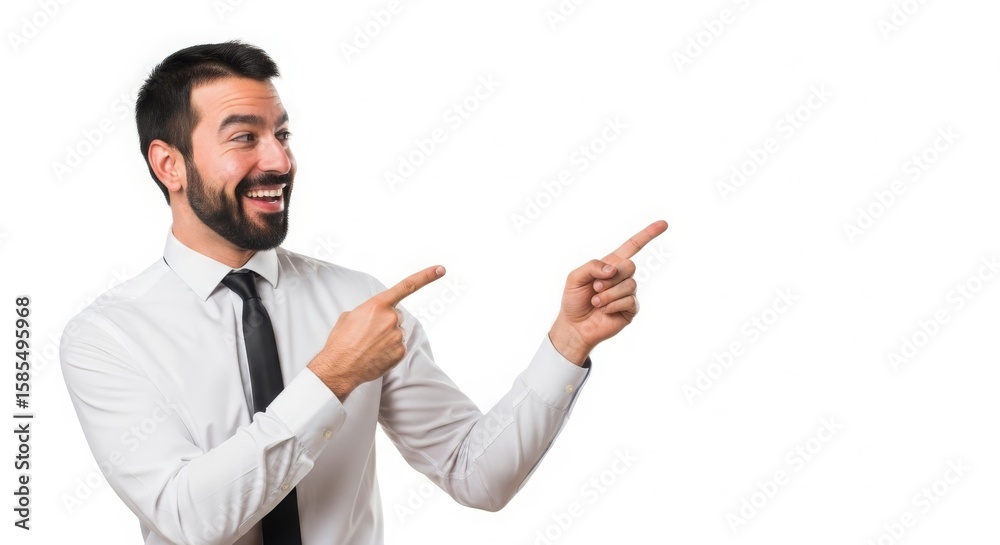 Happy businessman in a white shirt and tie pointing to the side against a plain background Happy businessman in a white shirt and tie pointing to the side against a plain background