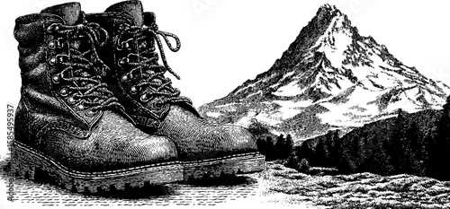 Engraved hiking boots and mountain landscape illustration for outdoor adventure design