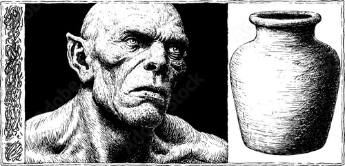 Engraved homunculus and flask illustration set for historical alchemy concepts