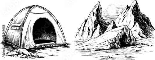 Vintage engraved illustrations of ice fishing with tent and rocky mountains