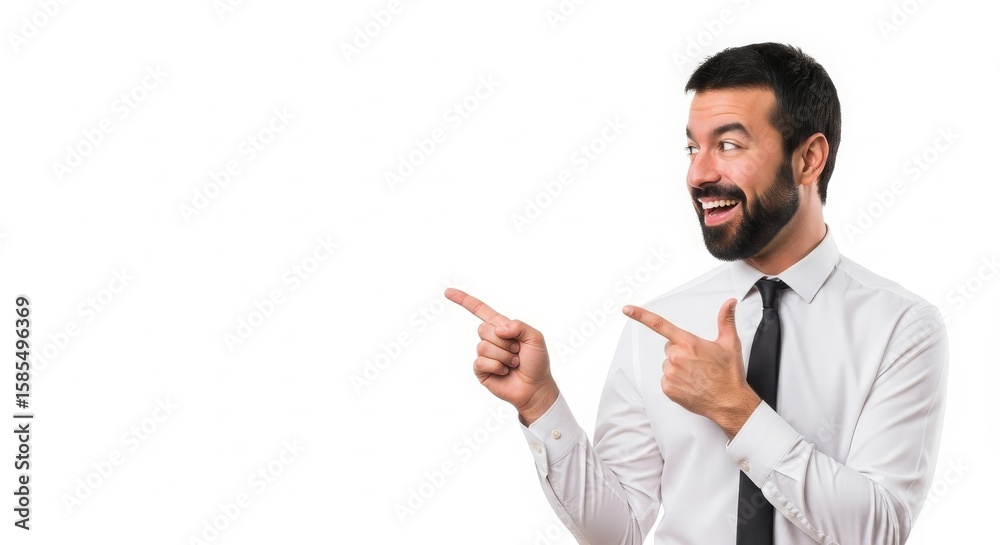 Happy businessman in a white shirt and tie pointing to the right with a smile, suggesting excitement Happy businessman in a white shirt and tie pointing to the right with a smile, suggesting excitement