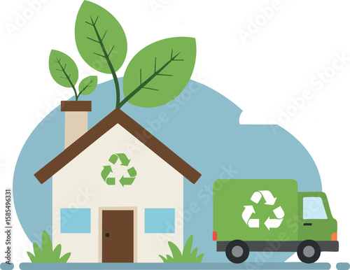 Eco Friendly House with Recycling Symbol and Green Truck Representing Environmental Sustainability and Waste Management Concepts