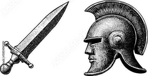 Engraved knight helmet and sword illustration for historical design and medieval art