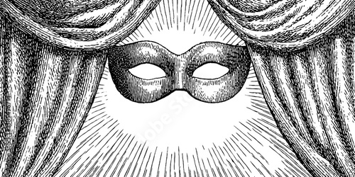 Vintage theatre concept with engraved mask and curtains for dramatic art design