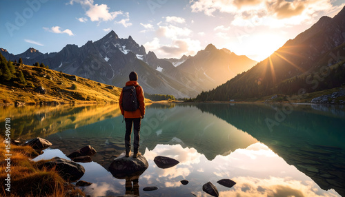 Hiker Contemplating Sunrise Over a Mountain Lake