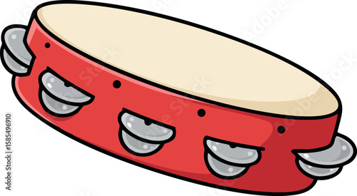 Tambourine percussion instrument red frame musical accessory vector illustration cartoon style