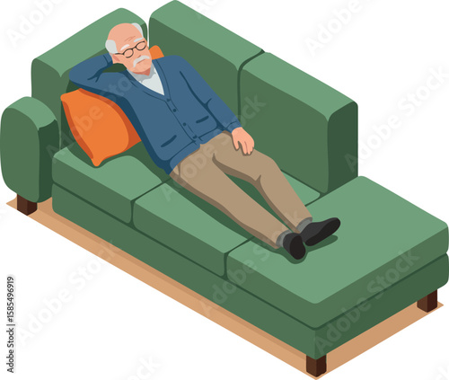 Elderly man relaxing on green sofa with orange pillow vector illustration in home living room scene