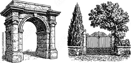 Engraved illustration of mission revival arch with tree and iron gate design for decor and architecture inspiration