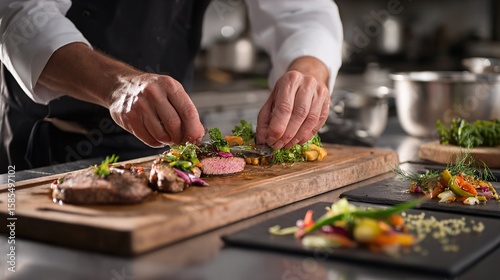 Gourmet cuisine preparation in luxury restaurant kitchen with chef’s hands visible 