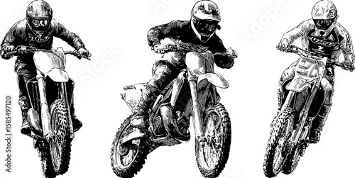 Dynamic motocross action in detailed engraved illustration for motorsport enthusiasts