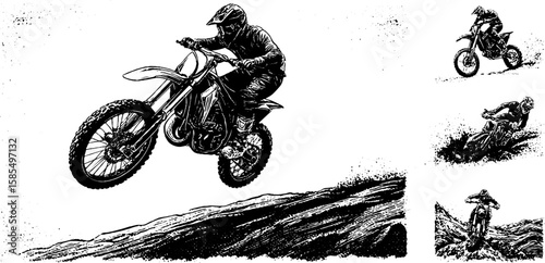 Dynamic motocross adventure with engraved illustration set for print or poster design
