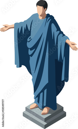 Isometric vector illustration of man in blue toga standing on pedestal with outstretched arms in welcoming pose