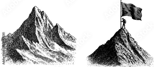 Engraved adventure and mountaineering concept with mountain peaks and climber achievement
