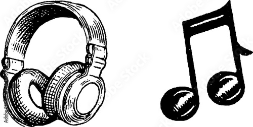 Vintage music illustration with headphones and musical note for creative design projects