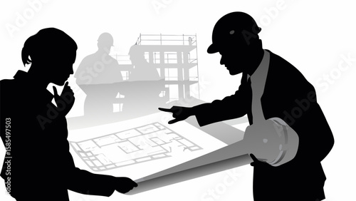 Silhouette of architects reviewing blueprints with a building under construction in the background