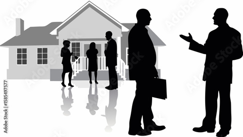 Silhouetted business people meeting in front of a house with reflections on the ground plane view