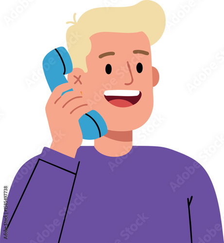 Young man talking on blue phone smiling wearing purple sweater casual vector illustration