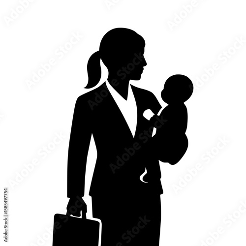 Vector of a businesswoman holding a baby and a briefcase, symbolizing working moms and career balance