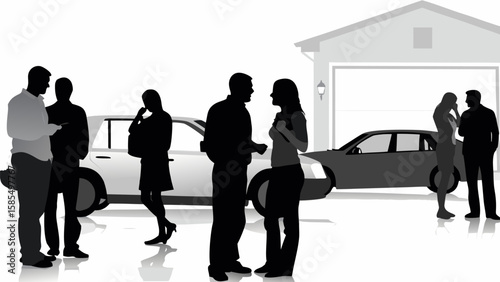 People gathered outside of a house near cars discussing something in silhouette format with garage door open