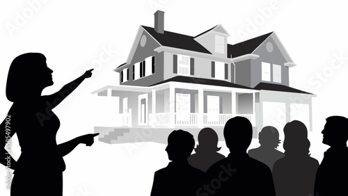 Silhouette of a woman pointing at a house with a group of people in front of the property view