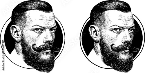 Vintage male portrait engraving set featuring bearded man with moustache