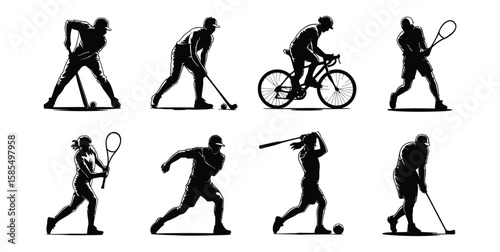 Silhouetted athletes performing golf, hockey, cycling, tennis, baseball, and field hockey actions on white background, sport icon concept