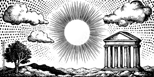Vintage engraved scene of classical temple and radiant sun in countryside landscape