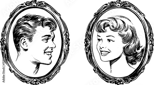 Vintage portrait engraving set with ornate frames for artistic designs