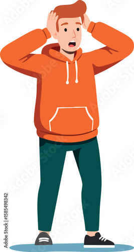 Young man in orange hoodie showing surprise and stress with hands on head vector illustration