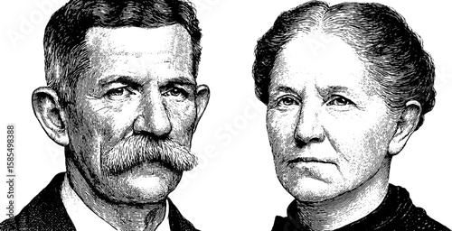 Vintage engraved portraits of a man and woman in antique frames for historical design projects