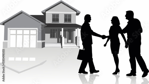 Silhouette of people shaking hands in front of a house representing a real estate transaction deal done