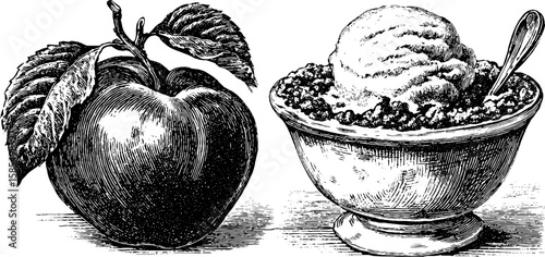 Vintage engraved illustration of peach and peach cobbler dessert with ice cream