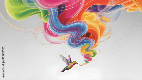 Minimalist full-screen hero section with neon smoke in pink, blue, and silver, featuring a dreamy hummingbird—pure motion energy on a crisp white canvas.