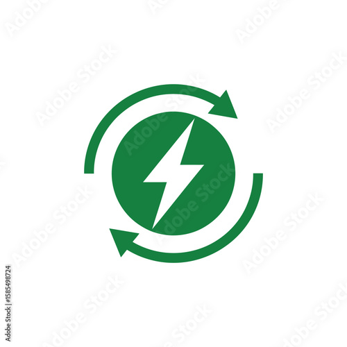 Green energy symbol with arrows and lightning bolt inside circle