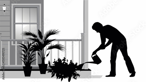 Silhouette of a person watering plants on a porch with a watering can in a monochrome illustration