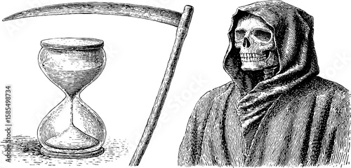 Engraved illustration of reaper with scythe and hourglass for halloween or gothic designs