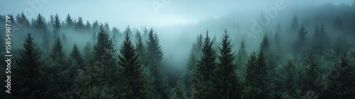 The black forest, also known as Schwarzwald in Germany, boasts an amazing mystical landscape of rising fog and forest trees, set against a dark mood panorama banner