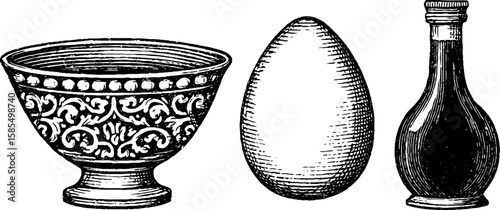 Engraved vintage set of ramen bowl, egg, and soy sauce for culinary design