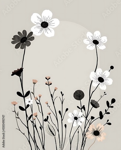 Elegant floral arrangement with monochrome flowers on a neutral background design