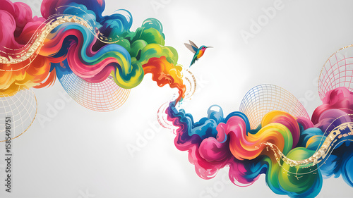 Neon abstract smoke in vibrant hues with a surreal hummingbird emerging—modern, creative landing page background in motion on a white minimalistic canvas.