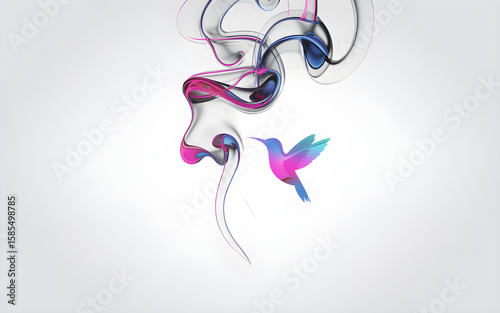 Neon abstract smoke in vibrant hues with a surreal hummingbird emerging—modern, creative landing page background in motion on a white minimalistic canvas.