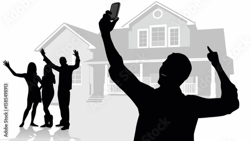 Silhouette of a group taking a selfie in front of a house with raised hands and cheerful expressions