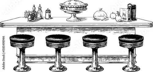 Vintage diner counter scene with classic bar stools and nostalgic decor elements