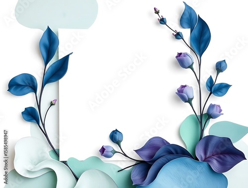 Elegant floral frame with blue roses and leaves on a white background illustration