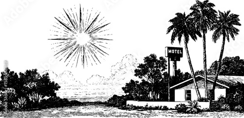 Vintage roadside motel with engraved style and palm trees in retro illustration design