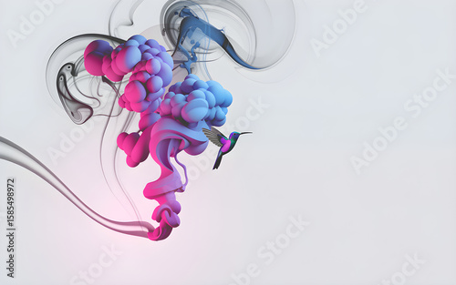 Vibrant abstract smoke swirls in neon pink, blue, and silver with a subtle hummingbird on white—modern, minimalistic energy and futuristic motion in full-screen design.
