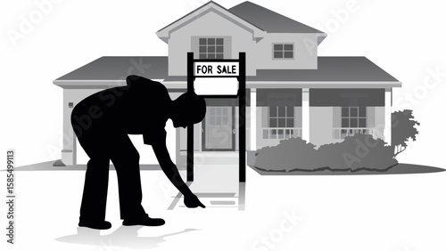 Silhouette of a person pointing at ground in front of a house with a for sale sign displayed outside