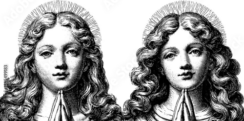 Engraved illustration set featuring saintly figures with halos and praying gesture for religious design