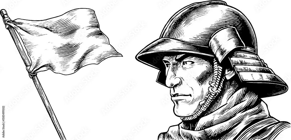 Obraz premium Engraved samurai helmet illustration and flag for historical design and art projects